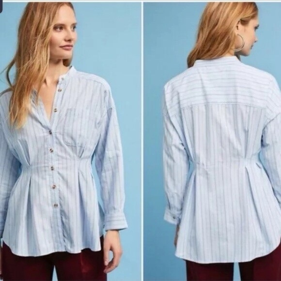 Anthropologie Maeve Benna Top - Blue Pin Stripe Peplum Button Down Shirt - Picture 3 of 10